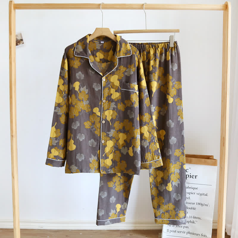 Gourd Cotton Long Sleeves Pajama Set - Gray & Yellow - Men XL - image 3