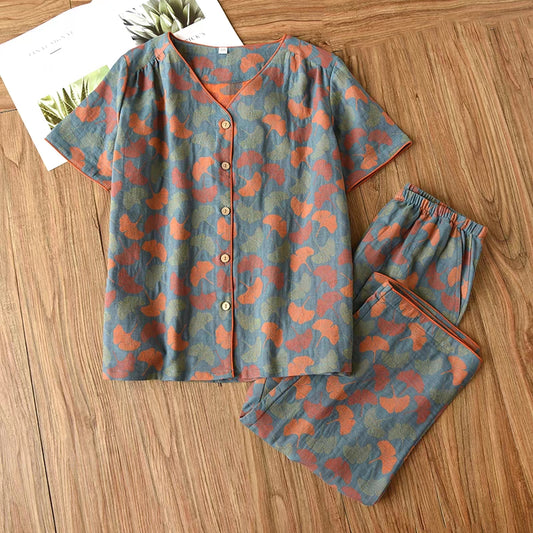 Ginkgo Leaf Jacquard V-neck Short Loungewear - image 1