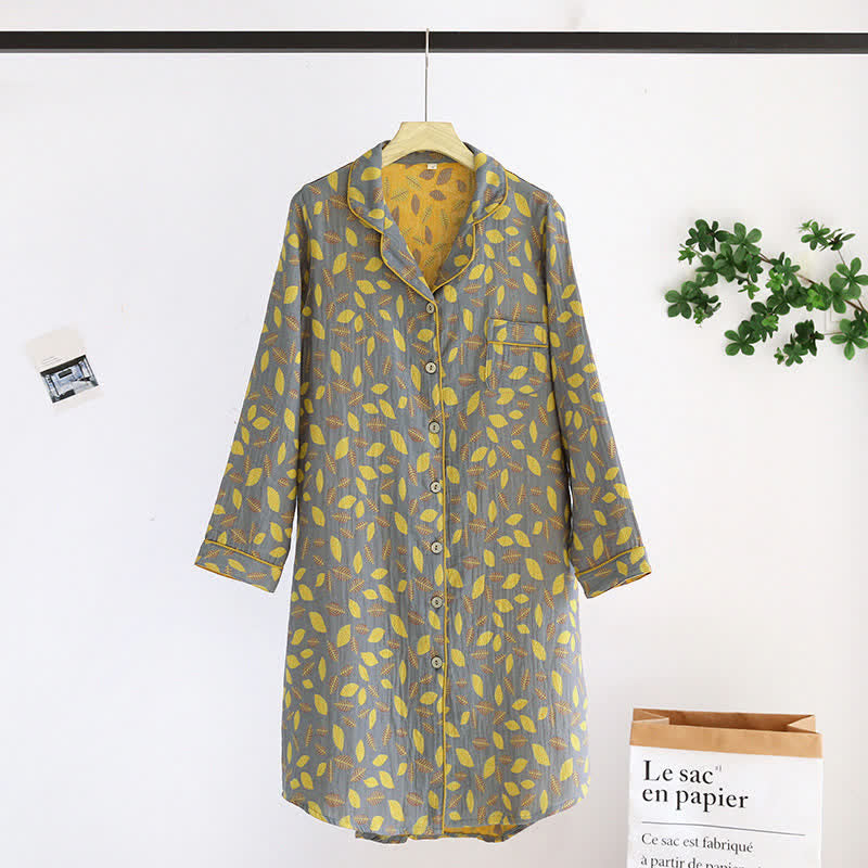 Leaf Tuxedo Button Cotton Nightdress - Leaf Pattern - Gray & Yellow - XL - image 4