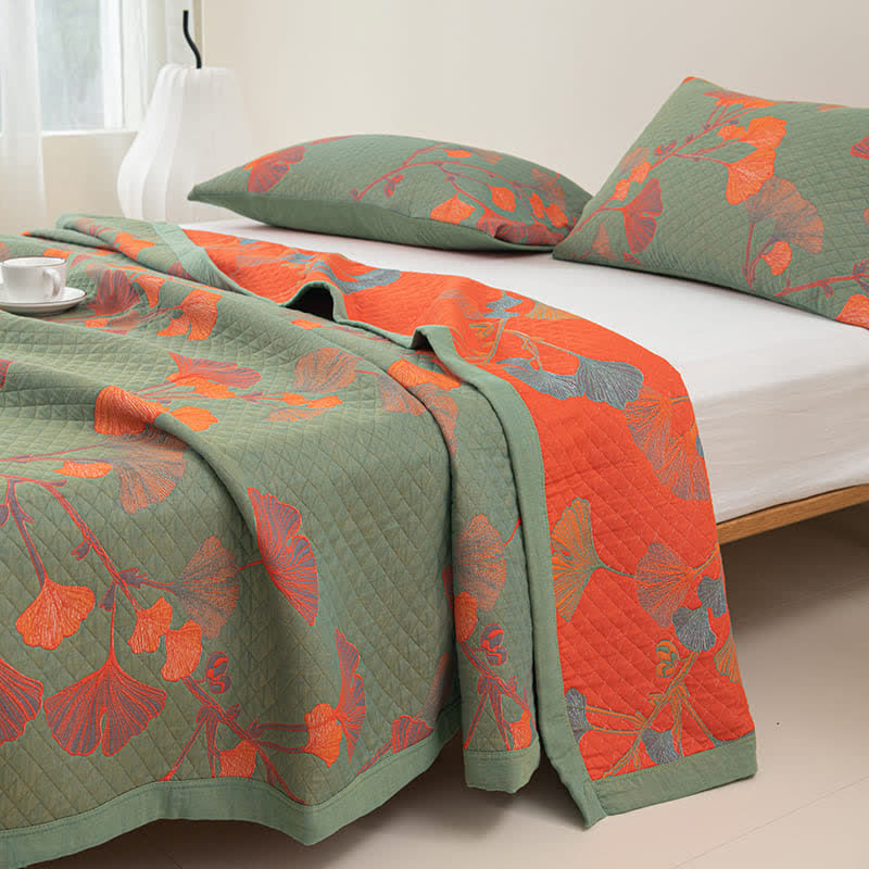 Orange Ginkgo Leaf Cotton Reversible Quilt
