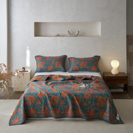 Pure Cotton Yarn-dyed Blooming Flower Quilt - Quilt with 2pcs Pillow Towels - King - image 1