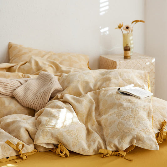 Jacquard Tie Cotton Gauze Bedding Set (4PCS) - Yellow - King - image 2