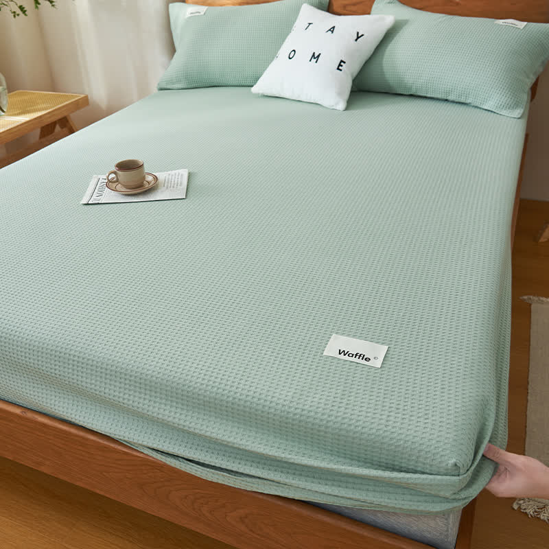 Pure Cotton Waffle Texture Fitted Sheet - Mint Green - Sheet with 2pcs Pillowcases - King - image 8