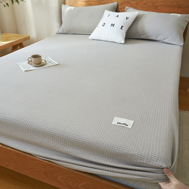Pure Cotton Waffle Texture Fitted Sheet - Light Gray - Sheet with 2pcs Pillowcases - King - image 3