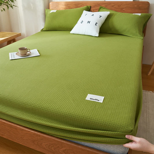 Pure Cotton Waffle Texture Fitted Sheet - Olive Green - Sheet with 2pcs Pillowcases - Queen - image 2