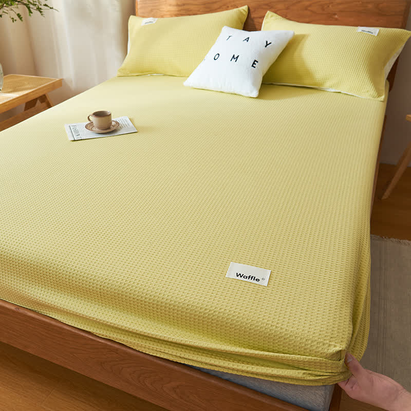 Pure Cotton Waffle Texture Fitted Sheet - Yellow - Sheet with 2pcs Pillowcases - King - image 7