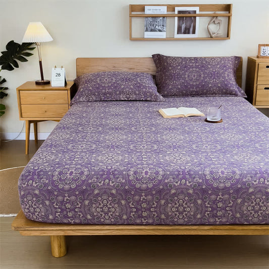 Pure Cotton Jacquard Vintage Fitted Sheet - Purple - Sheet with 2pcs Pillowcases - King - image 1