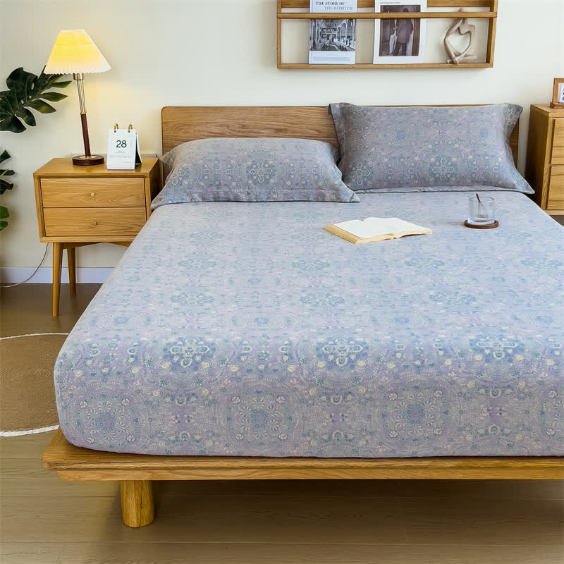 Pure Cotton Jacquard Vintage Fitted Sheet - Light Purple - Sheet with 2pcs Pillowcases - King - image 10