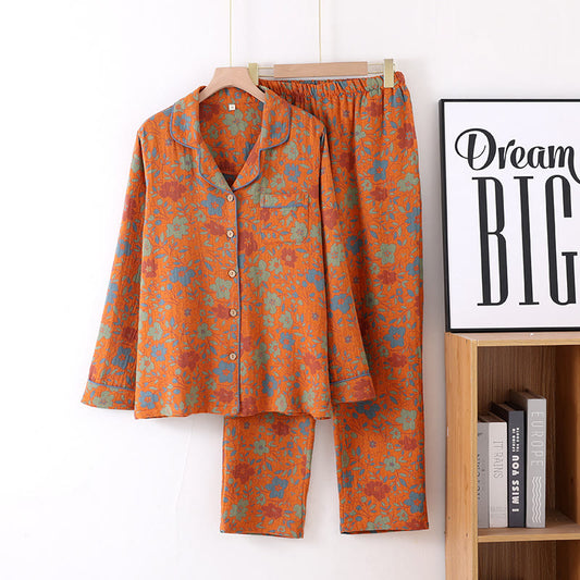 Retro Floral Cotton Gauze Cardigan Pajama Set - Orange - M - image 2