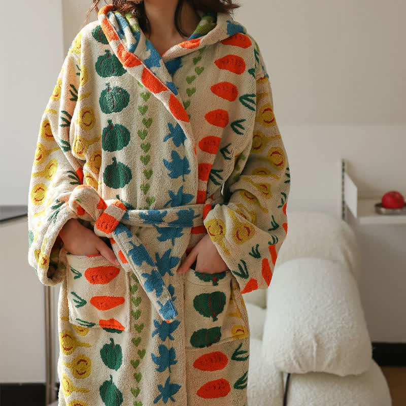 Colorful Vegetable Pattern Cotton Hooded Bathrobe - image 7