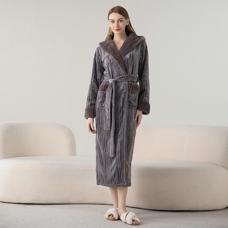Fleece Hooded Winter Long Bathrobe - Dark Gray - Women M - image 6