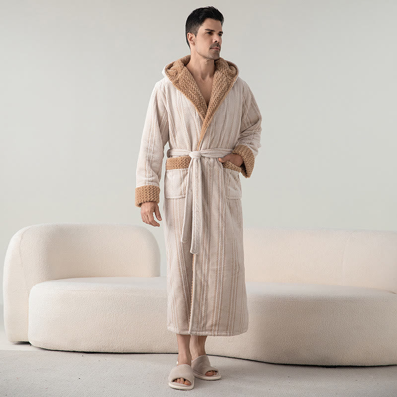 Fleece Hooded Winter Long Bathrobe - Beige - Men L - image 4