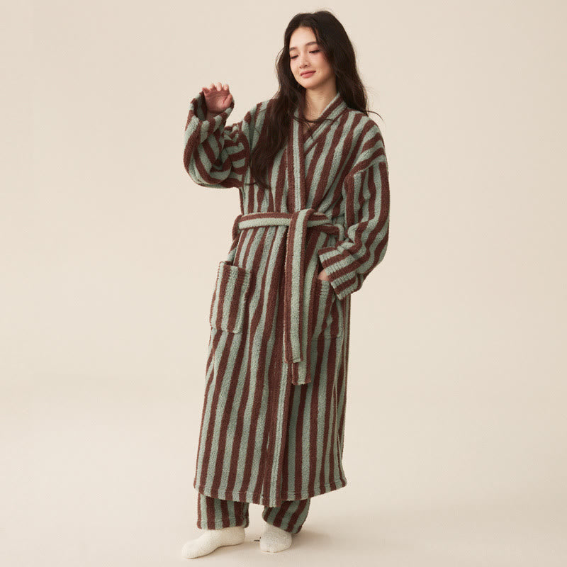 Winter Fleece Modern Stripe Long Bathrobe - Bathrobe with pants - Mint Green & Brown - Women M - image 5