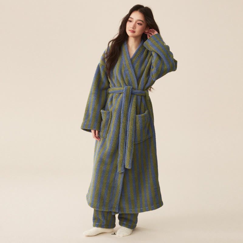Winter Fleece Modern Stripe Long Bathrobe - Bathrobe with pants - Dark Green - Women L - image 2