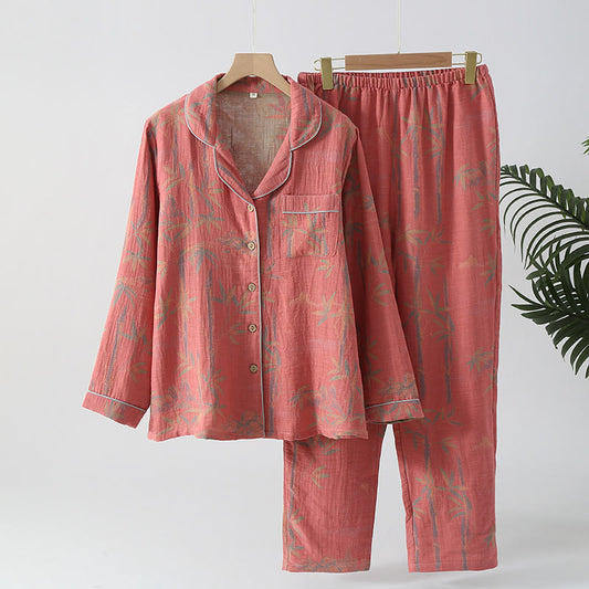 Yarn-dyed Rural Bamboo Cotton Gauze Pajama Set - Dark Pink - XL - image 1