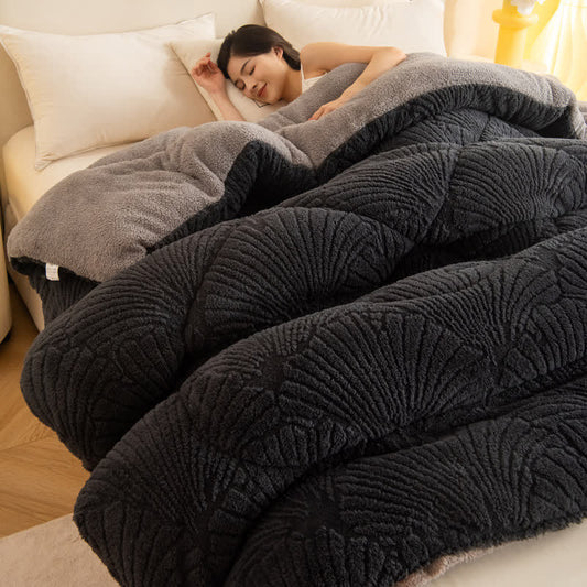 Sherpa Jacquard Ginkgo Leaf Blanket with Quilt Core - Dark Gray - Queen - image 1