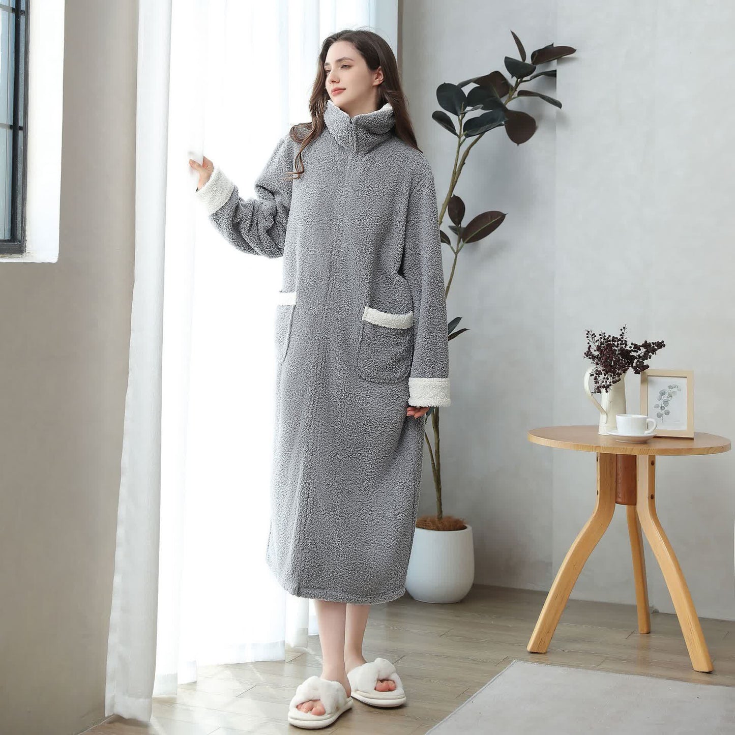 Soft Fleece Warm Zippered Long Nightgown