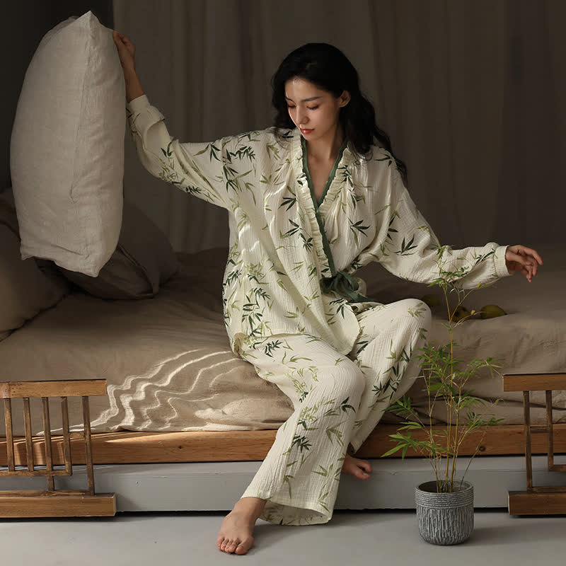 V-neck Bamboo Cotton Gauze Pajama Set