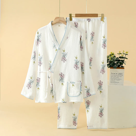 Floral Lily Kimono Cotton Gauze Pajama Set