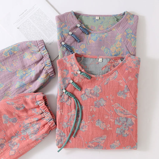 Floral Bird Frog Button Cotton Pajama Set