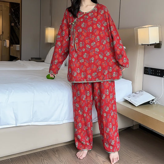 Plus Size Rose Cotton Soft Pajama Set - Red - 4XL - image 1