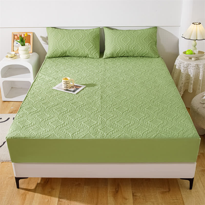 Waterproof Solid Color Quilted Fitted Sheet - Grass Green - 2pcs Pillowcases - 19" x 29" - image 17