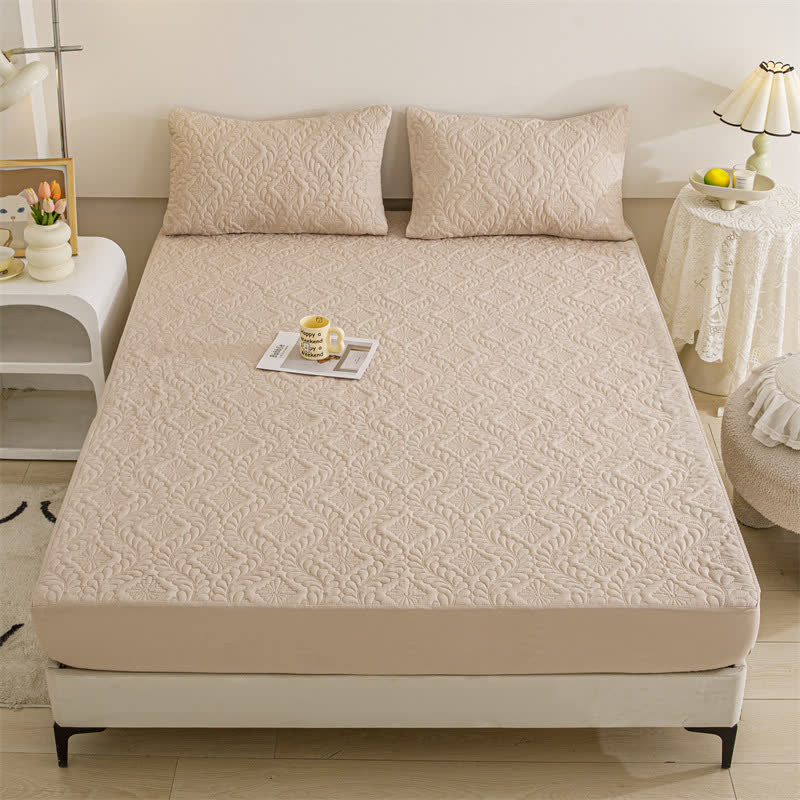 Waterproof Solid Color Quilted Fitted Sheet - Khaki - 2pcs Pillowcases - 19" x 29" - image 15