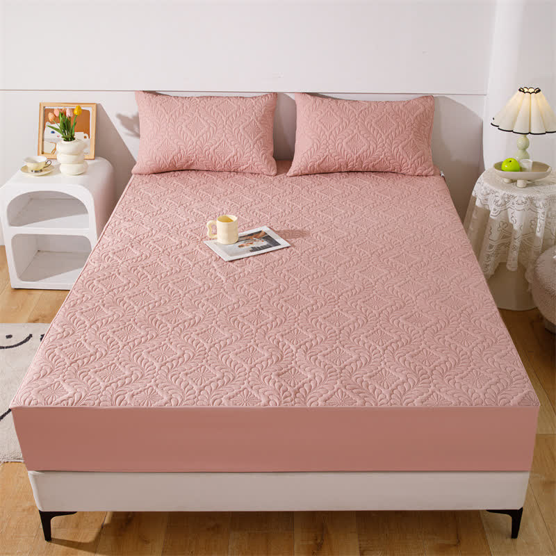Waterproof Solid Color Quilted Fitted Sheet - Coral Pink - 2pcs Pillowcases - 19" x 29" - image 14