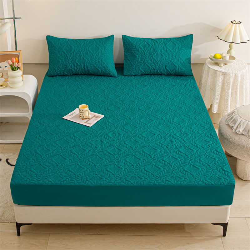 Waterproof Solid Color Quilted Fitted Sheet - Dark Green - 2pcs Pillowcases - 19" x 29" - image 11