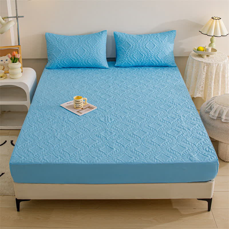 Waterproof Solid Color Quilted Fitted Sheet - Light Blue - 2pcs Pillowcases - 19" x 29" - image 12