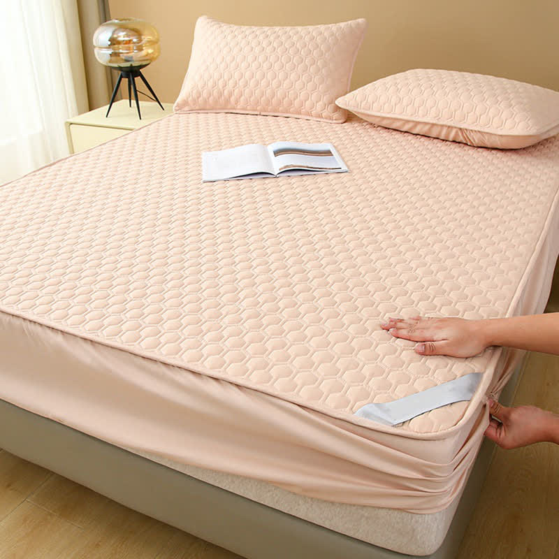 Waterproof Simple Solid Color Fitted Sheet - Apricot - 2pcs Pillowcases - 19" x 29" - image 7