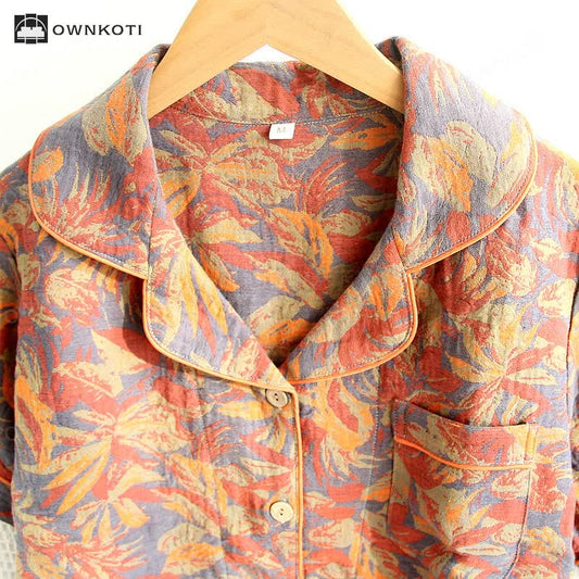 Retro Leaf Cotton Gauze Pajama Set