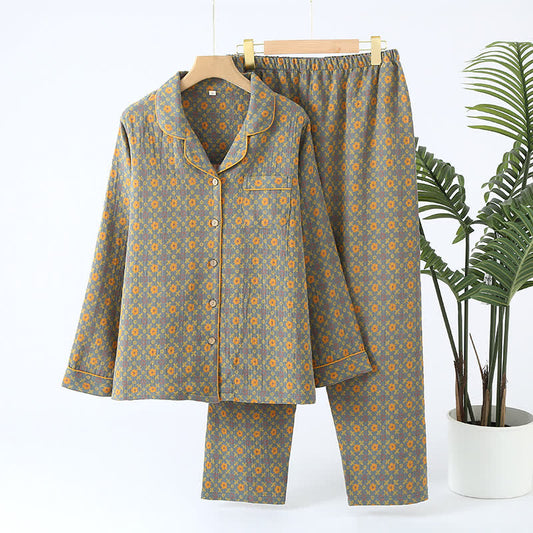 Vintage Cotton Gauze Cardigan Nightwear Set - Gray & Yellow - XL - image 0