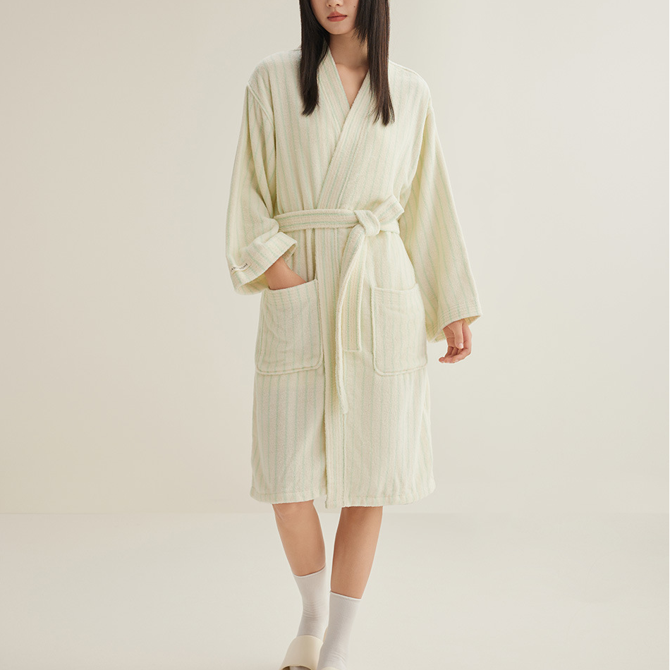 Pure Cotton Simple Striped Soft Bathrobe - Light Green - XL - image 5
