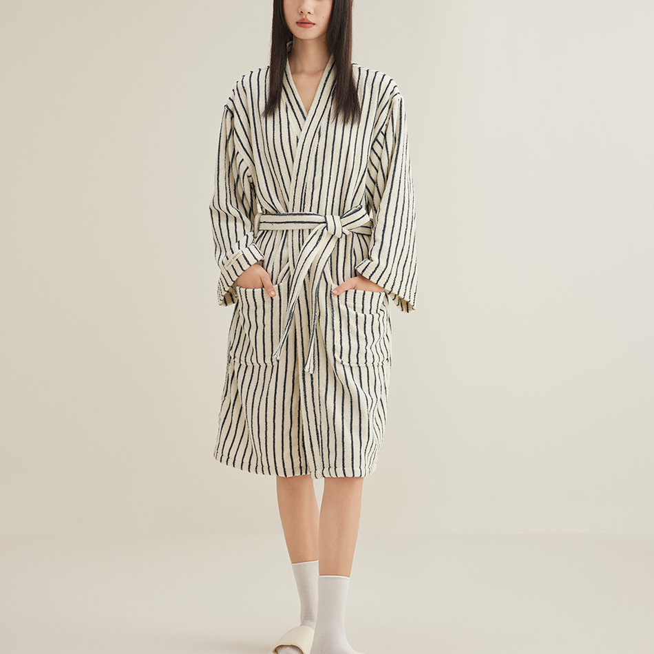 Pure Cotton Simple Striped Soft Bathrobe - Black & White - XL - image 2