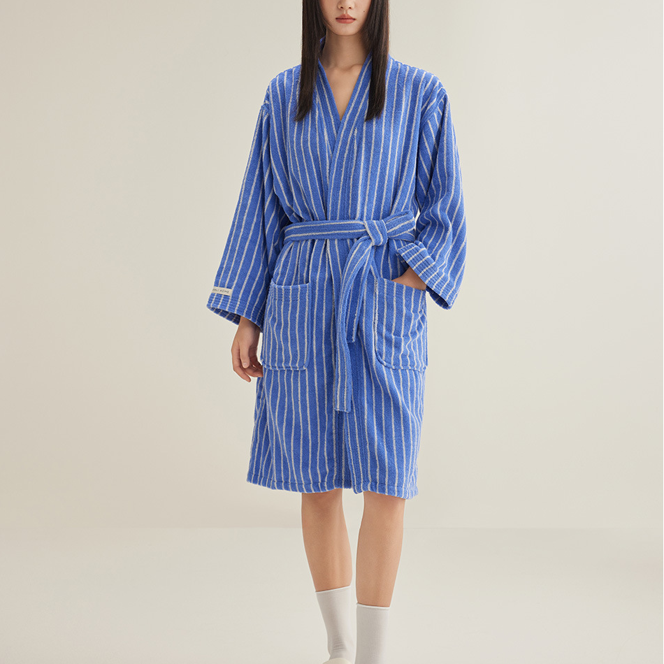 Pure Cotton Simple Striped Soft Bathrobe - Blue - XL - image 0