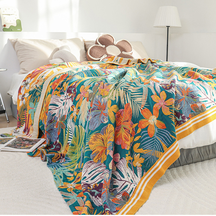 Vibrant Flower Leaf Cotton Gauze Quilt