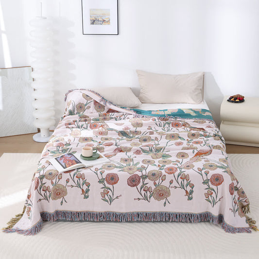 Cotton Gauze Floral Bird Lightweight Quilt - Beige & Dark Green - King - image 1