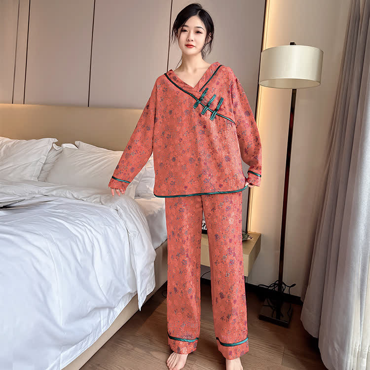 Plus Size Frog Button Rose Cotton Pajama Set - Coral Orange - 3XL - image 8