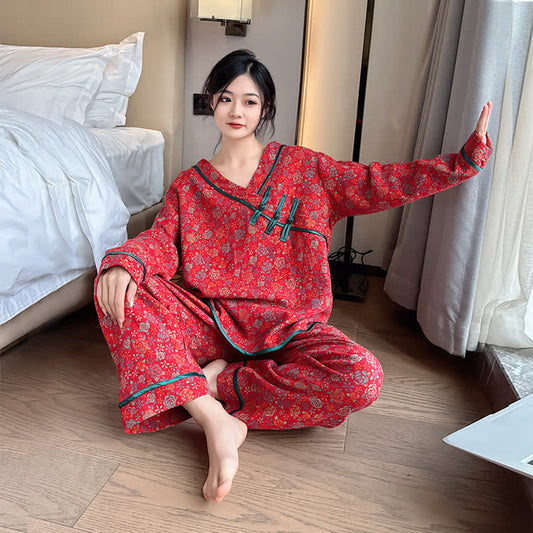 Ownkoti Plus Size Frog Button Rose Cotton Pajama Set - Red - 3XL - image 0