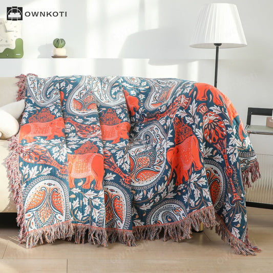 Paisley Elephant Tassel Cotton Sofa Blanket