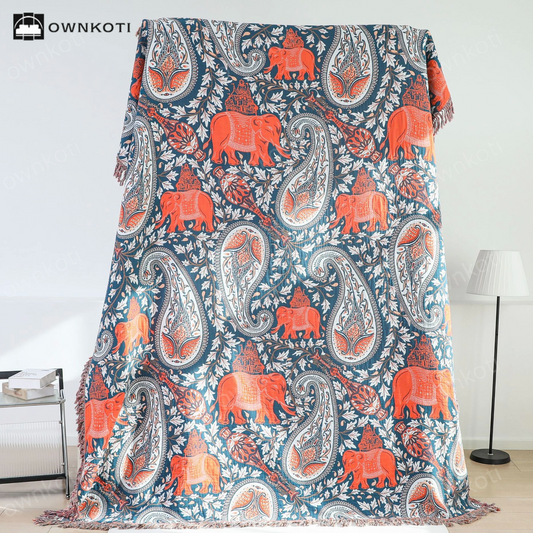 Paisley Elephant Tassel Cotton Sofa Blanket