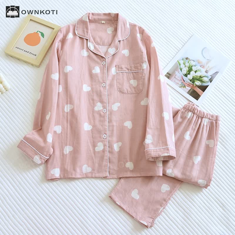 Cotton Gauze Heart Print Soft Pajama Set