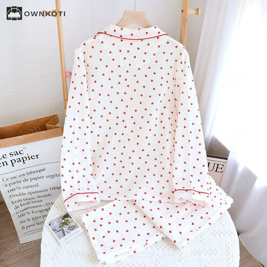 Simple Heart Lapel Cotton Gauze Loungewear Set