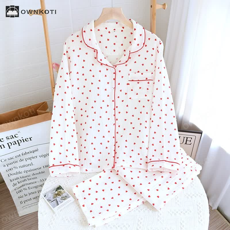 Simple Heart Lapel Cotton Gauze Loungewear Set