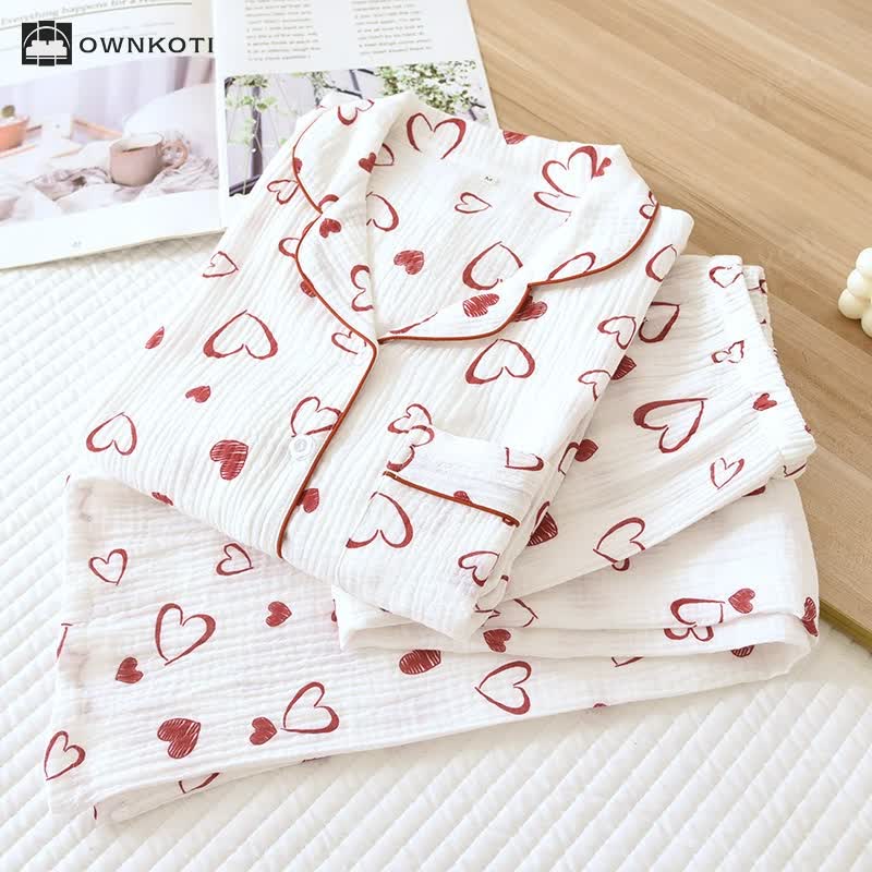 Heart Lapel Cotton Gauze Breathable Pajama Set