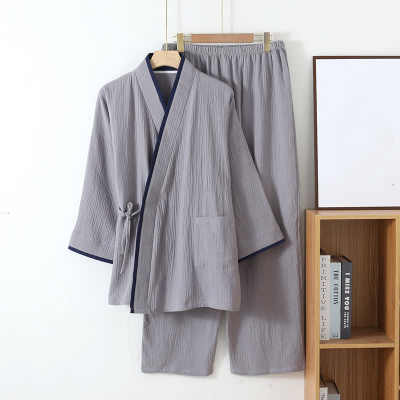 Neutral Style Kimono Cotton Gauze Pajama Set