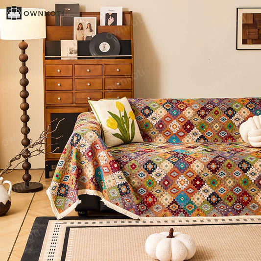 Vintage Cotton Linen Checkered Jacquard Sofa Cover