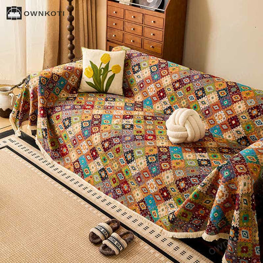 Vintage Cotton Linen Checkered Jacquard Sofa Cover