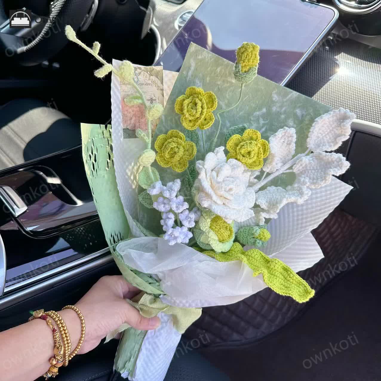 Handmade Knitted Crochet Rose Sunflower Bouquet